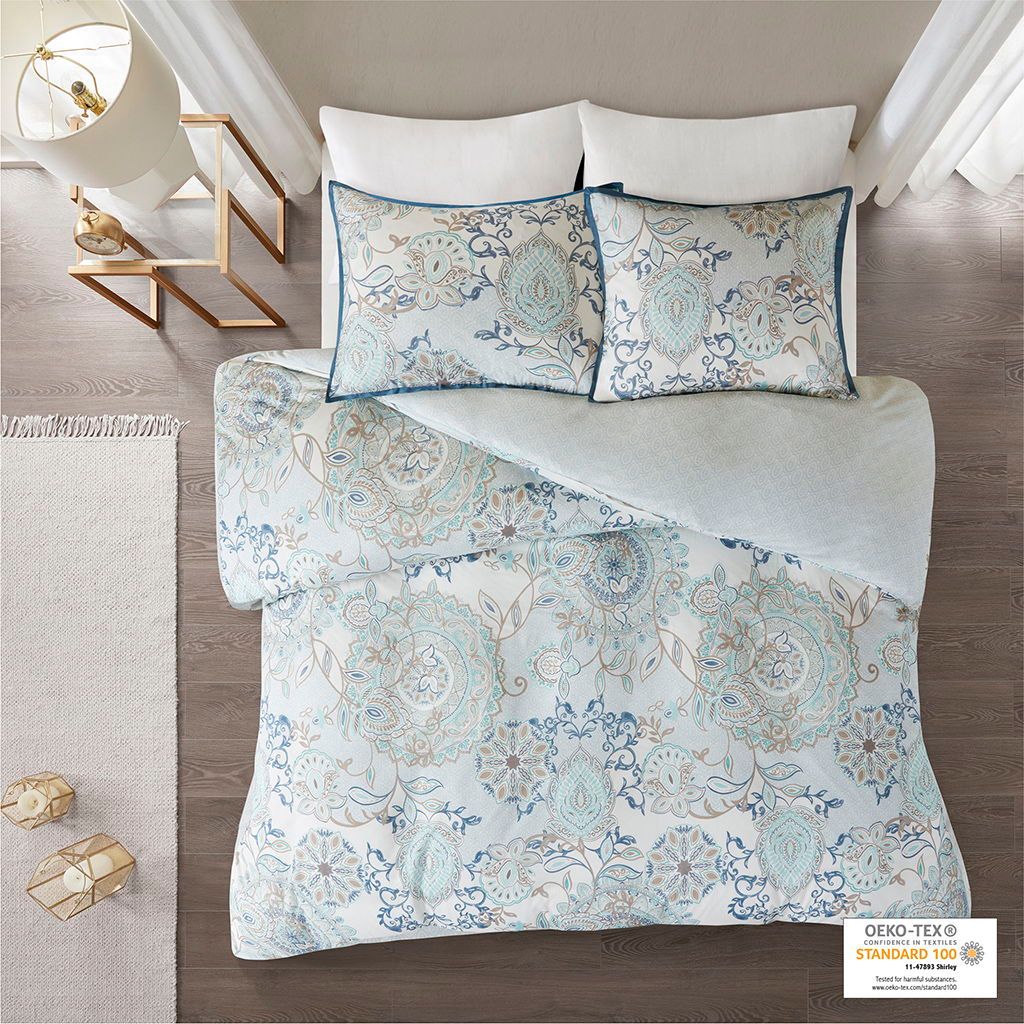 Isla - 3 Piece Printed Reversible Duvet Cover Set - Blue