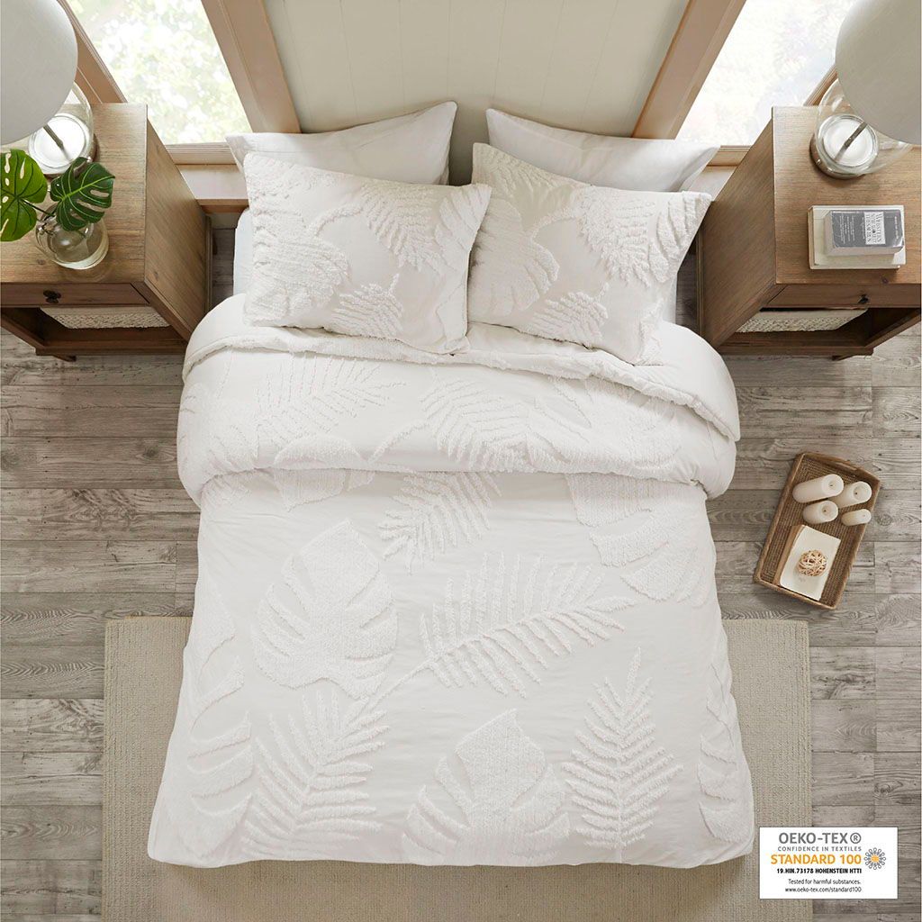 Bahari - King 3 Piece Tufted Palm Duvet Cover Set - Off White