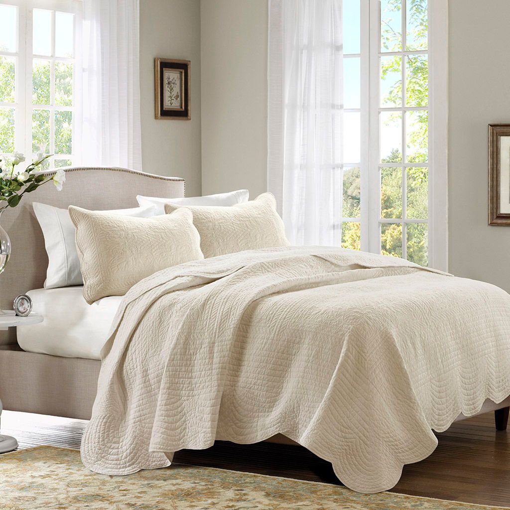 Tuscany - King 3 Piece Reversible Scalloped Edge Coverlet Set - Cream