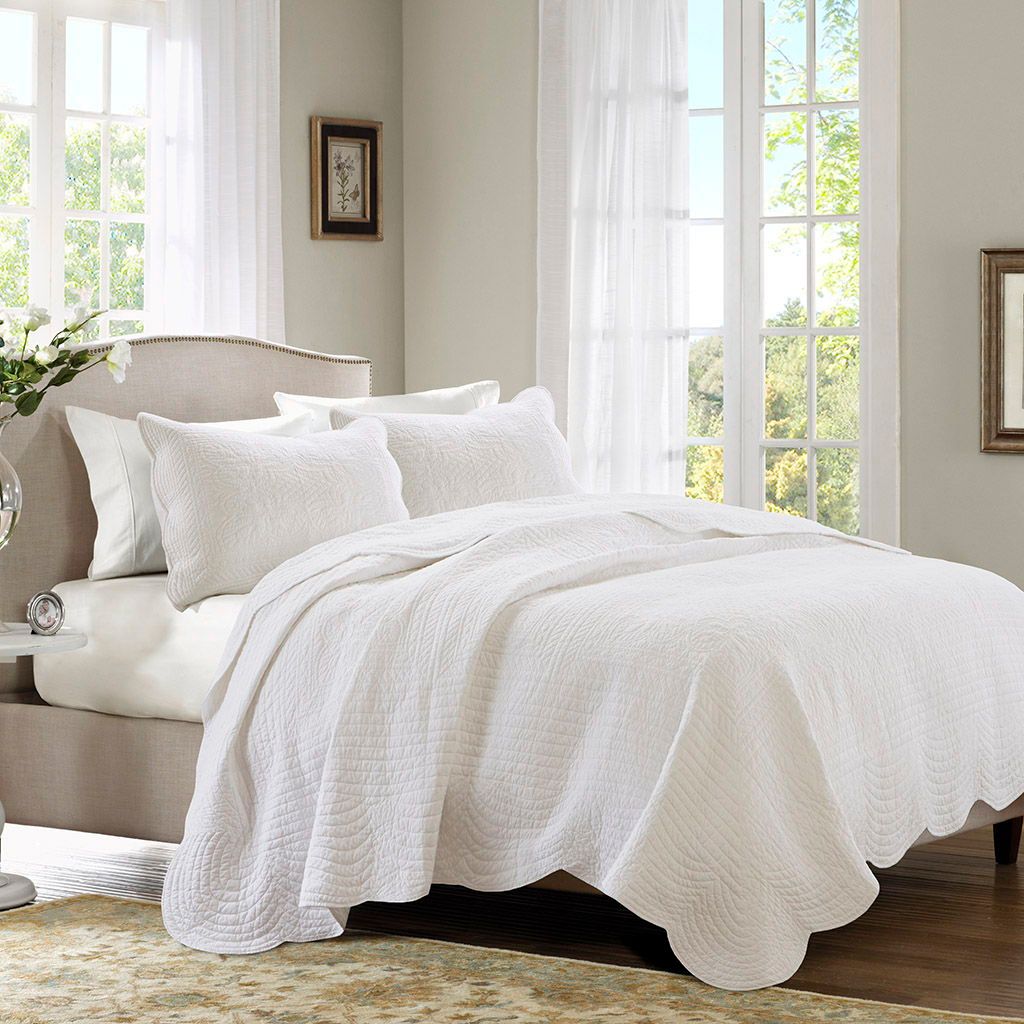 Tuscany - 3 Piece Reversible Scalloped Edge Coverlet Set - White