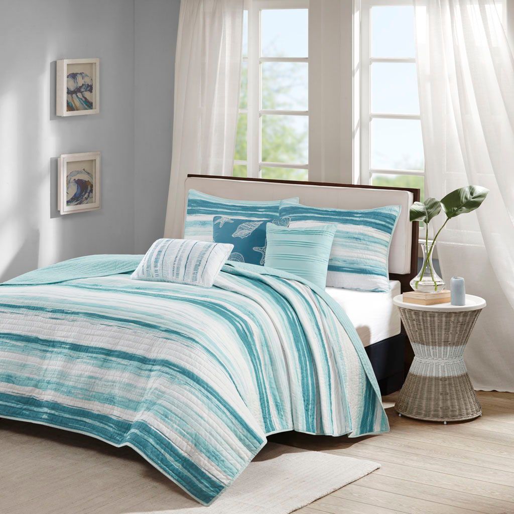 Marina - King 6 Piece Quilted Coverlet Set - Aqua