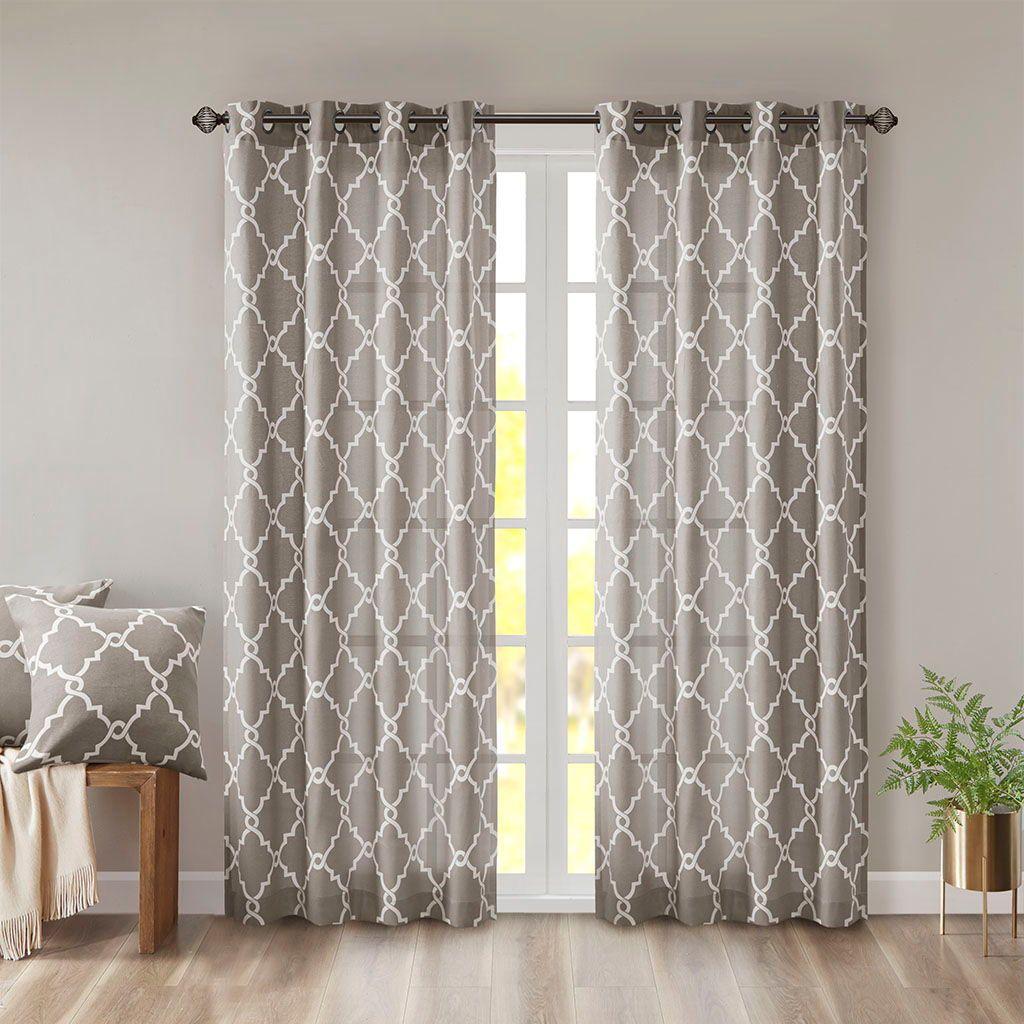 Saratoga - 84" Fretwork Print Grommet Top Window Curtain - Gray