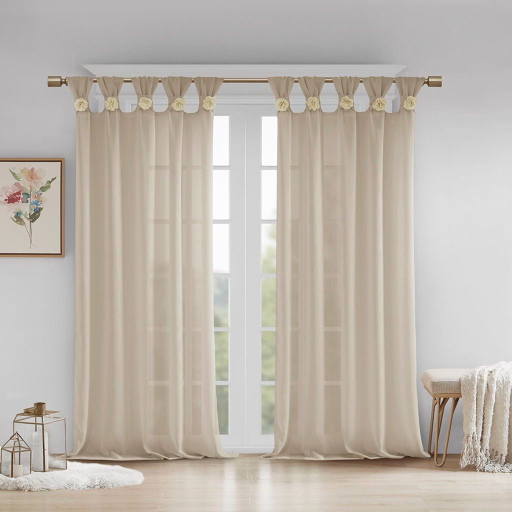 Rosette - 84" Floral Embellished Cuff Tab Top Solid Window Panel - Linen