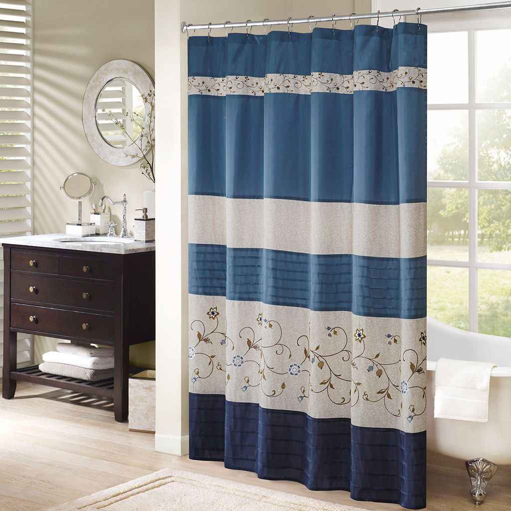 Serene - Embroidered Floral Shower Curtain - Navy