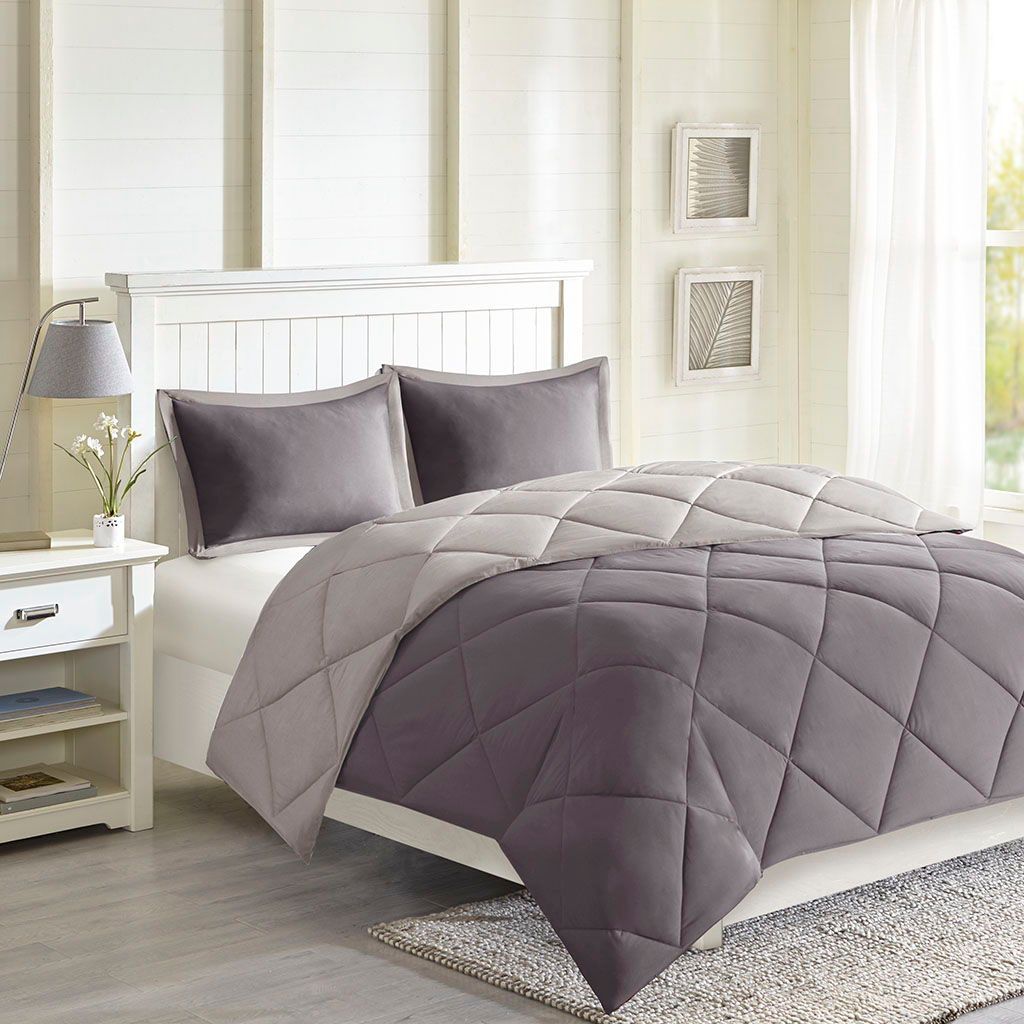 Larkspur - Twin 3M Scotchgard Diamond Quilting Reversible Down Alternative Comforter Set - Charcoal / Gray