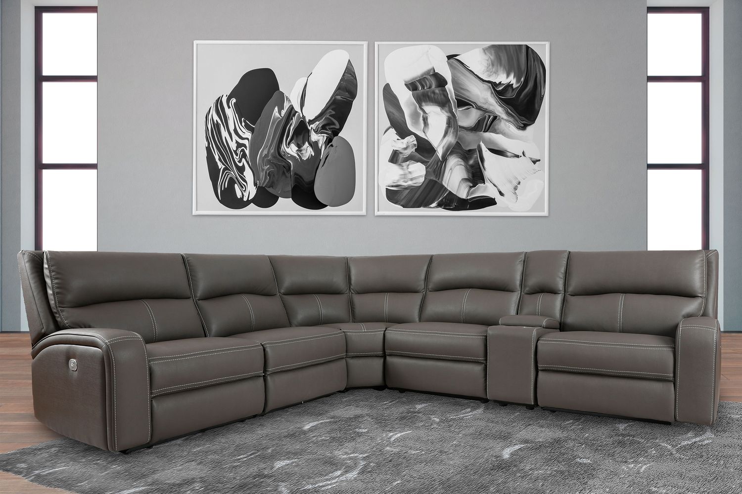 Polaris - 6 Piece Modular Power Reclining Sectional with Power Headrests and Entertainment Console - Haze