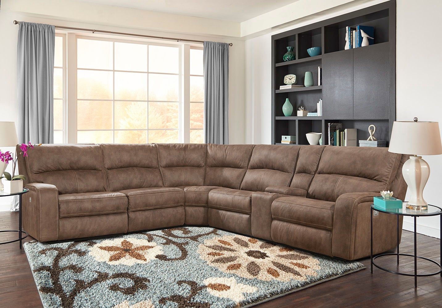 Polaris - 6 Piece Modular Power Reclining Sectional with Power Headrests and Entertainment Console - Kahlua