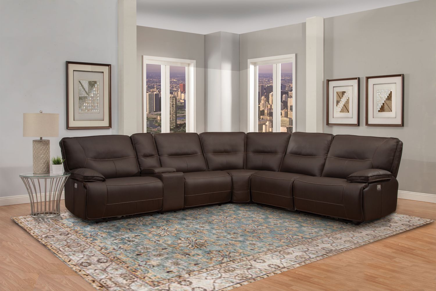Spartacus - 6 Piece Modular Power Reclining Sectional with Power Headrests and Entertainment Console with USB Pop-Up - CHOCOLATE