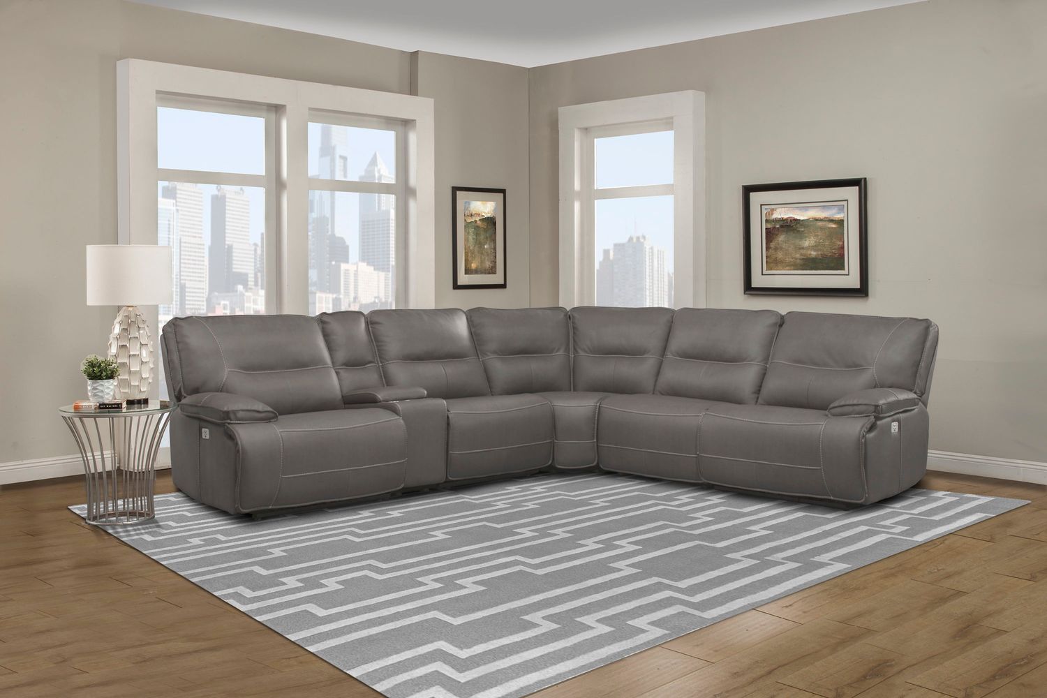 Spartacus - 6 Piece Modular Power Reclining Sectional with Power Headrests and Entertainment Console with USB Pop-Up - HAZE