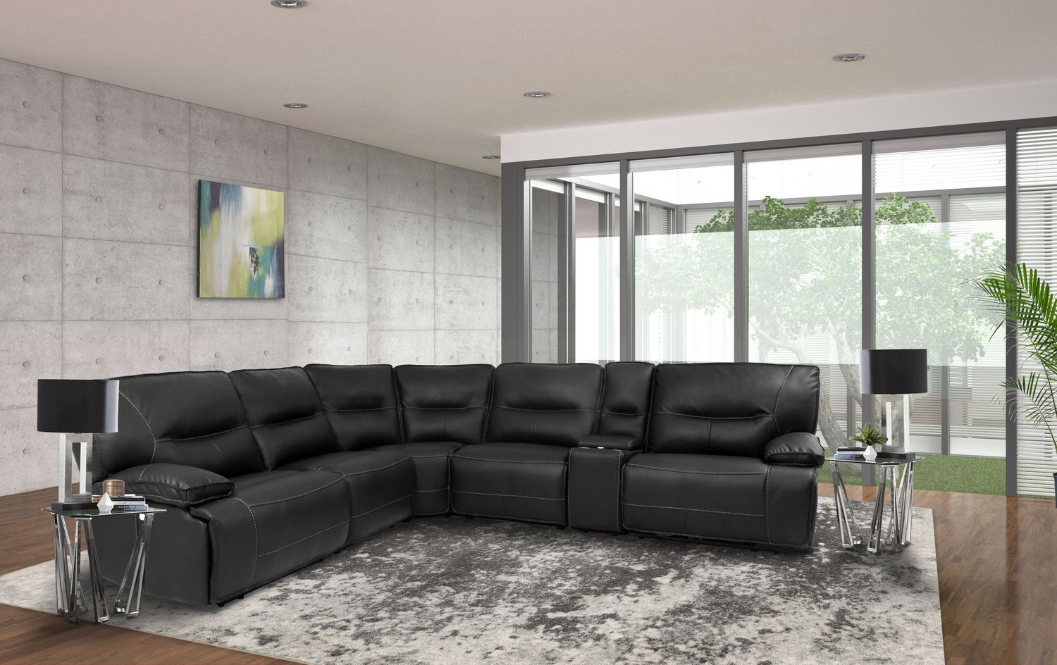 Spartacus - 6 Piece Modular Power Reclining Sectional with Power Headrests and Entertainment Console with USB Pop-Up - BLACK