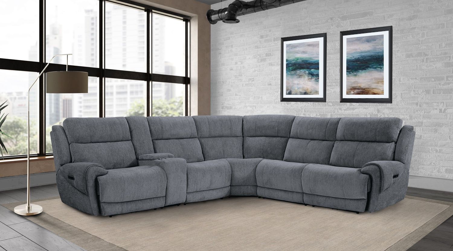 Spencer - 6 Piece Modular Power Reclining Sectional with Power Headrests and Entertainment Console - Tide Graphite