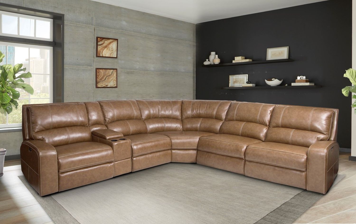 Swift - 6 Piece Modular Power Reclining Sectional with Power Headrests and Entertainment Console - Bourbon