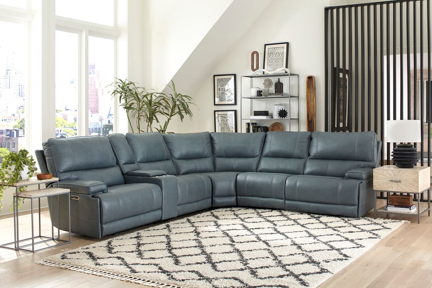 Whitman - Powered by Freemotion 6 Piece Modular Power Reclining Sectional with Power Headrests and Entertainment Console - Verona Azure