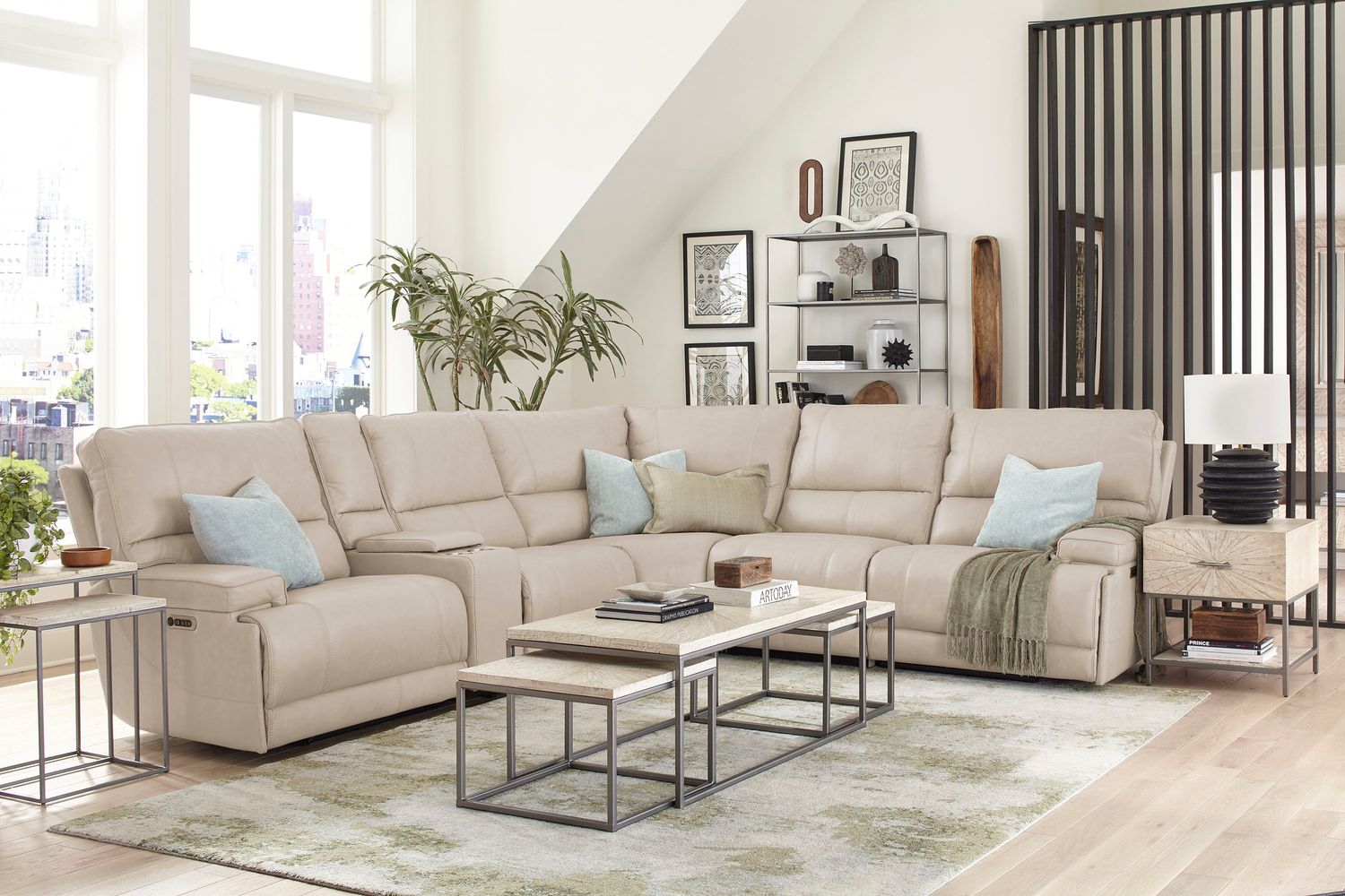 Whitman - Powered by Freemotion 6 Piece Modular Power Reclining Sectional with Power Headrests and Entertainment Console - Verona Linen