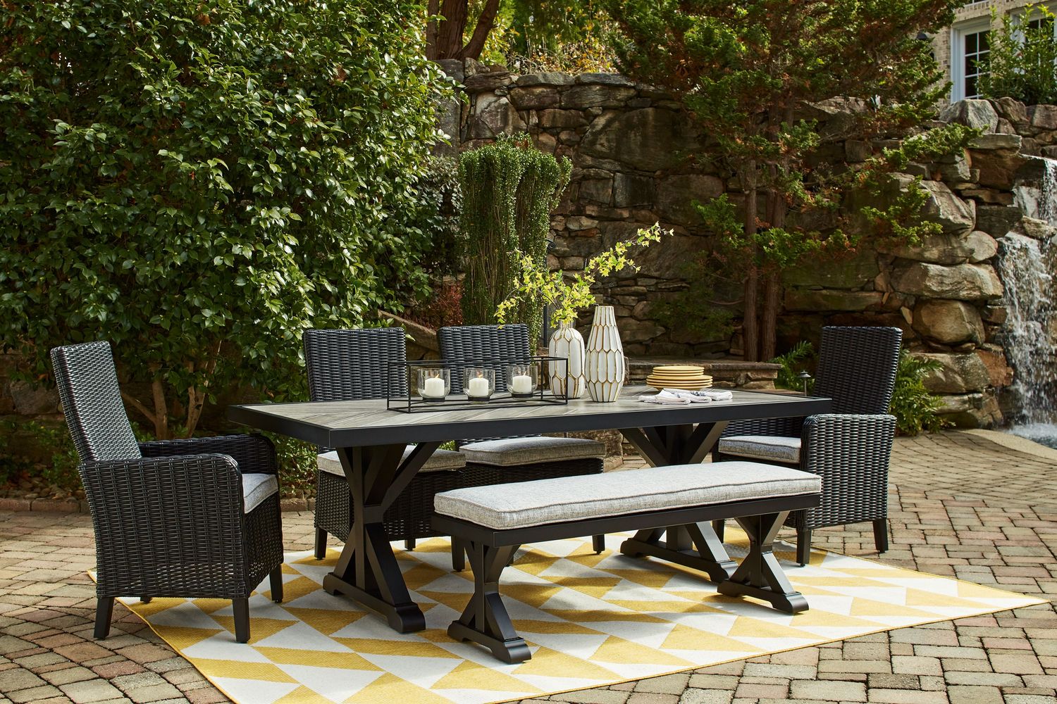 Beachcroft - Black / Light Gray - 6 Pc. - Outdoor Dining Table, 2 Side Chairs, 2 Arm Chairs, Bench