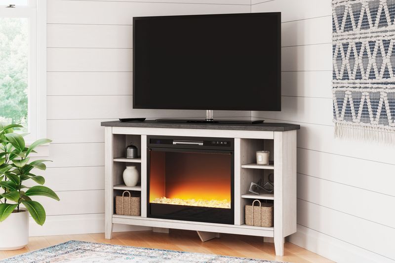 Dorrinson - White / Black / Gray - Corner TV Stand With Fireplace Insert Glass/Stone