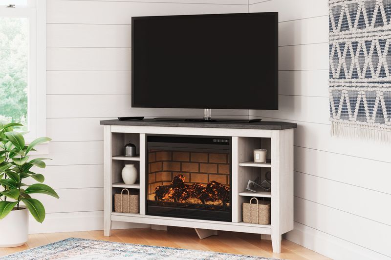 Dorrinson - White / Black / Gray - Corner TV Stand With Faux Firebrick Fireplace Insert