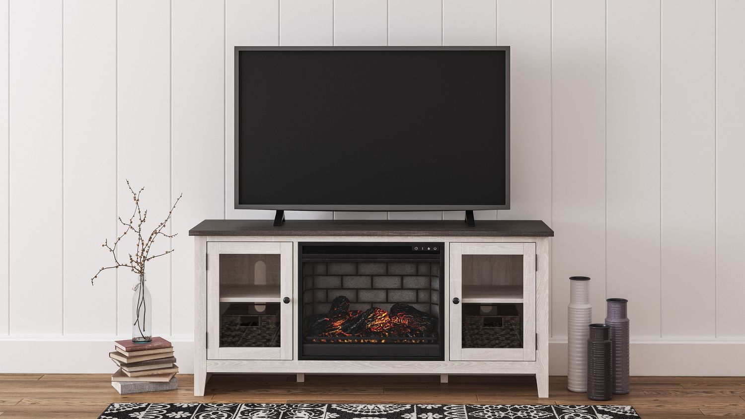 Dorrinson - White / Black / Gray - 60" TV Stand With Faux Firebrick Fireplace Insert