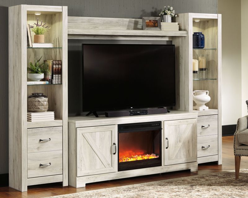 Bellaby - Whitewash - 5 Pc. - Entertainment Center - 63" TV Stand With Fireplace Insert Glass/Stone