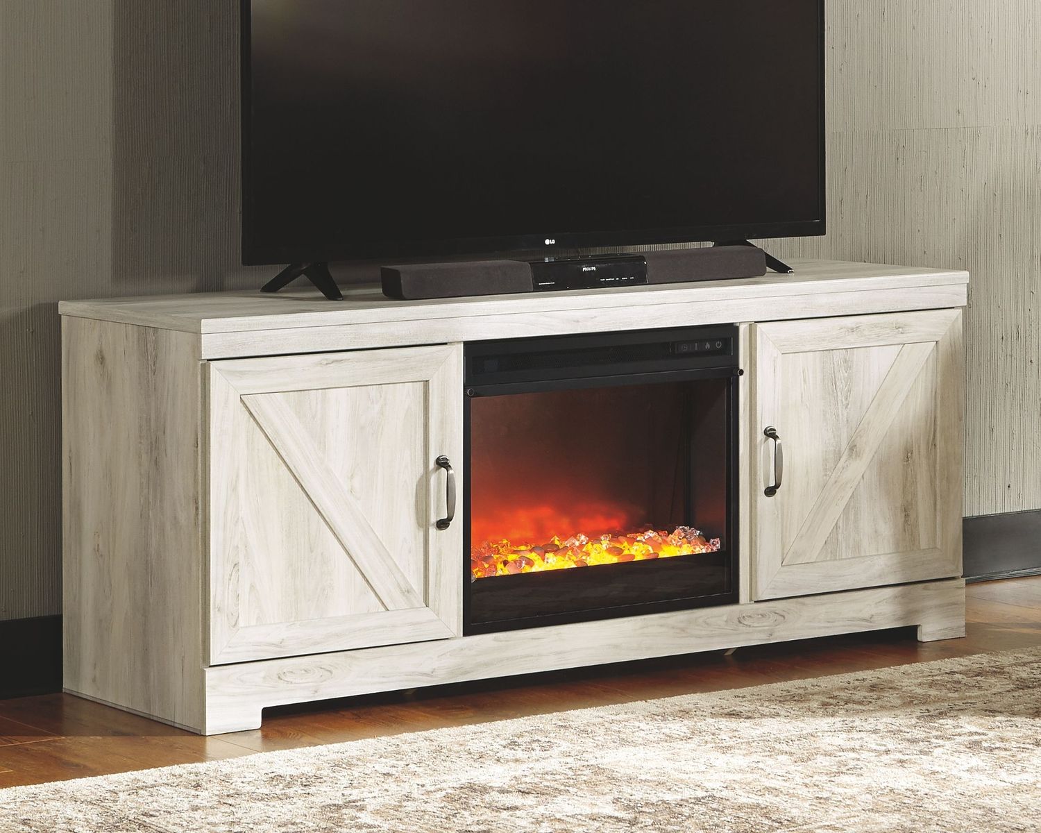Bellaby - Whitewash - 2 Pc. - 63" TV Stand With Fireplace Insert Glass/Stone