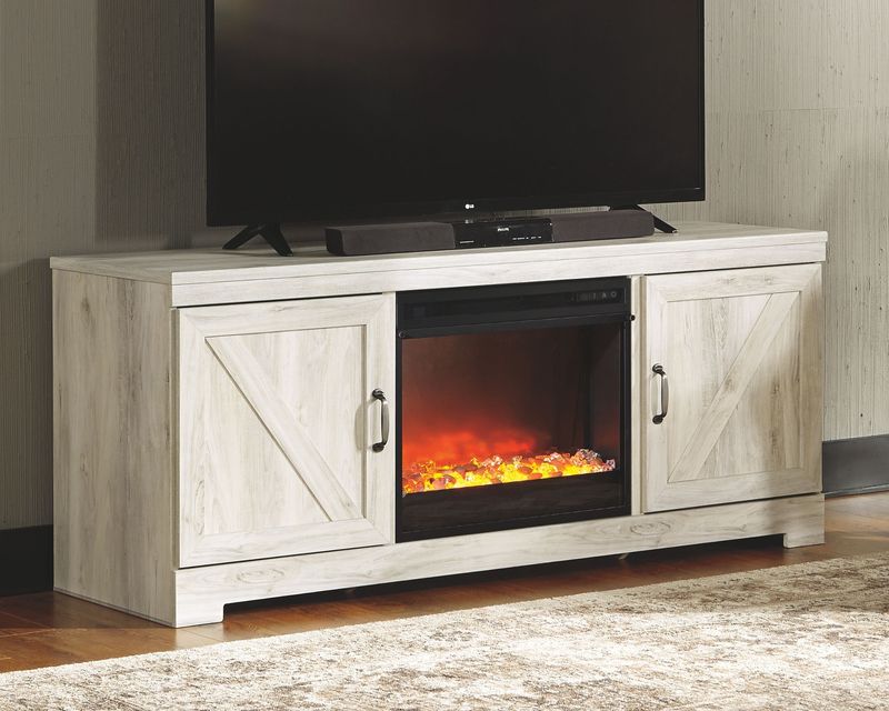 Bellaby - Whitewash - 2 Pc. - 63" TV Stand With Fireplace Insert Glass/Stone
