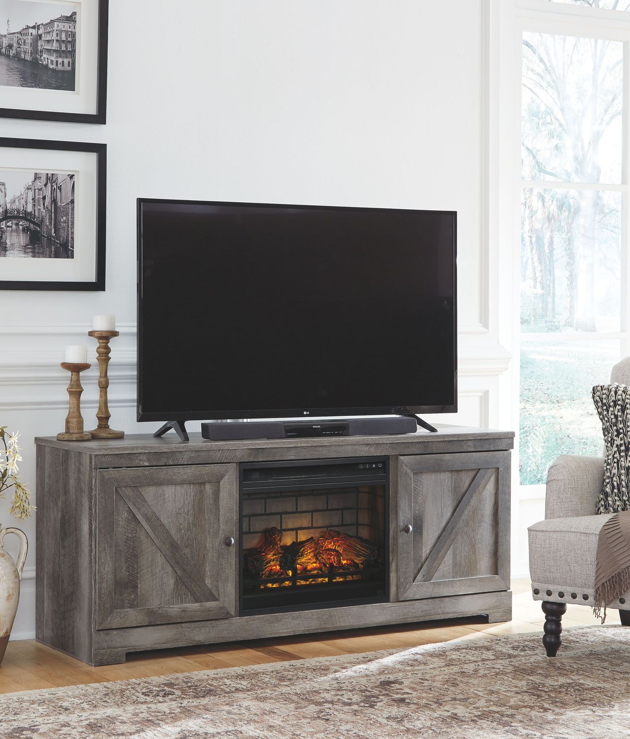 Wynnlow - Gray - 2 Pc. - 63" TV Stand With Faux Firebrick Fireplace Insert