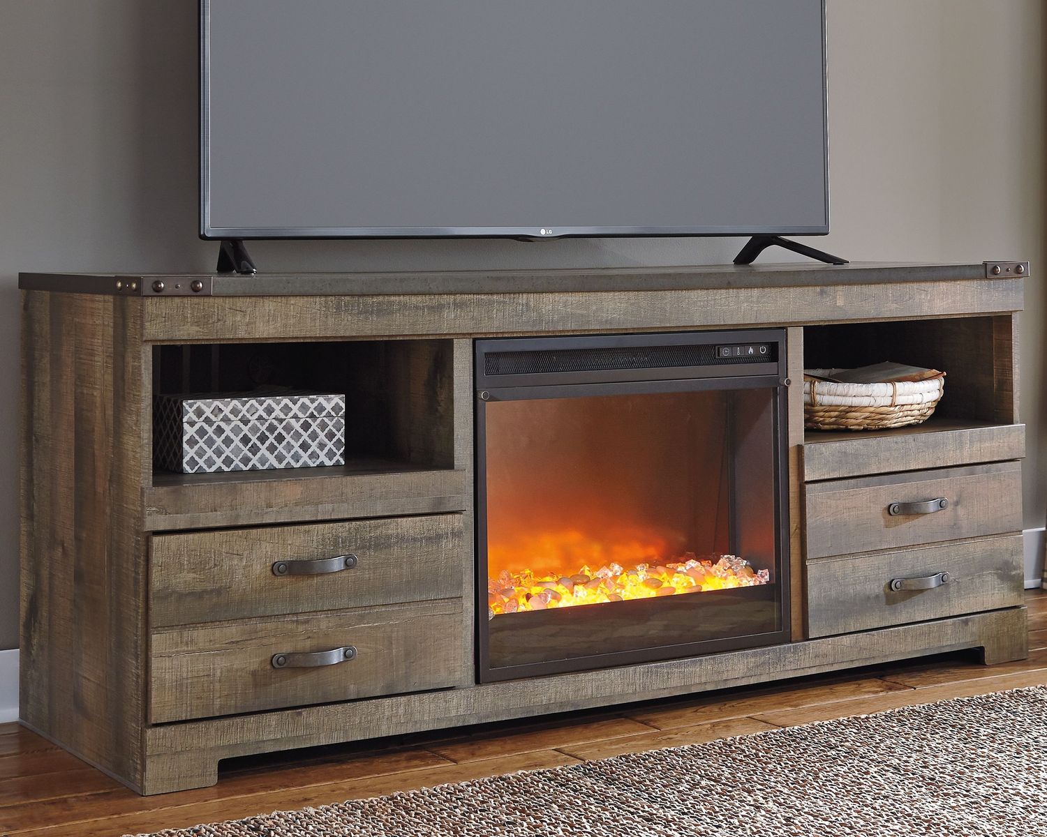 Trinell - Brown - 2 Pc. - 63" TV Stand With Fireplace Insert Glass/Stone