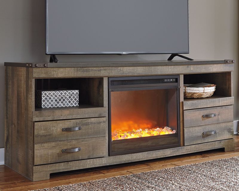 Trinell - Brown - 2 Pc. - 63" TV Stand With Fireplace Insert Glass/Stone