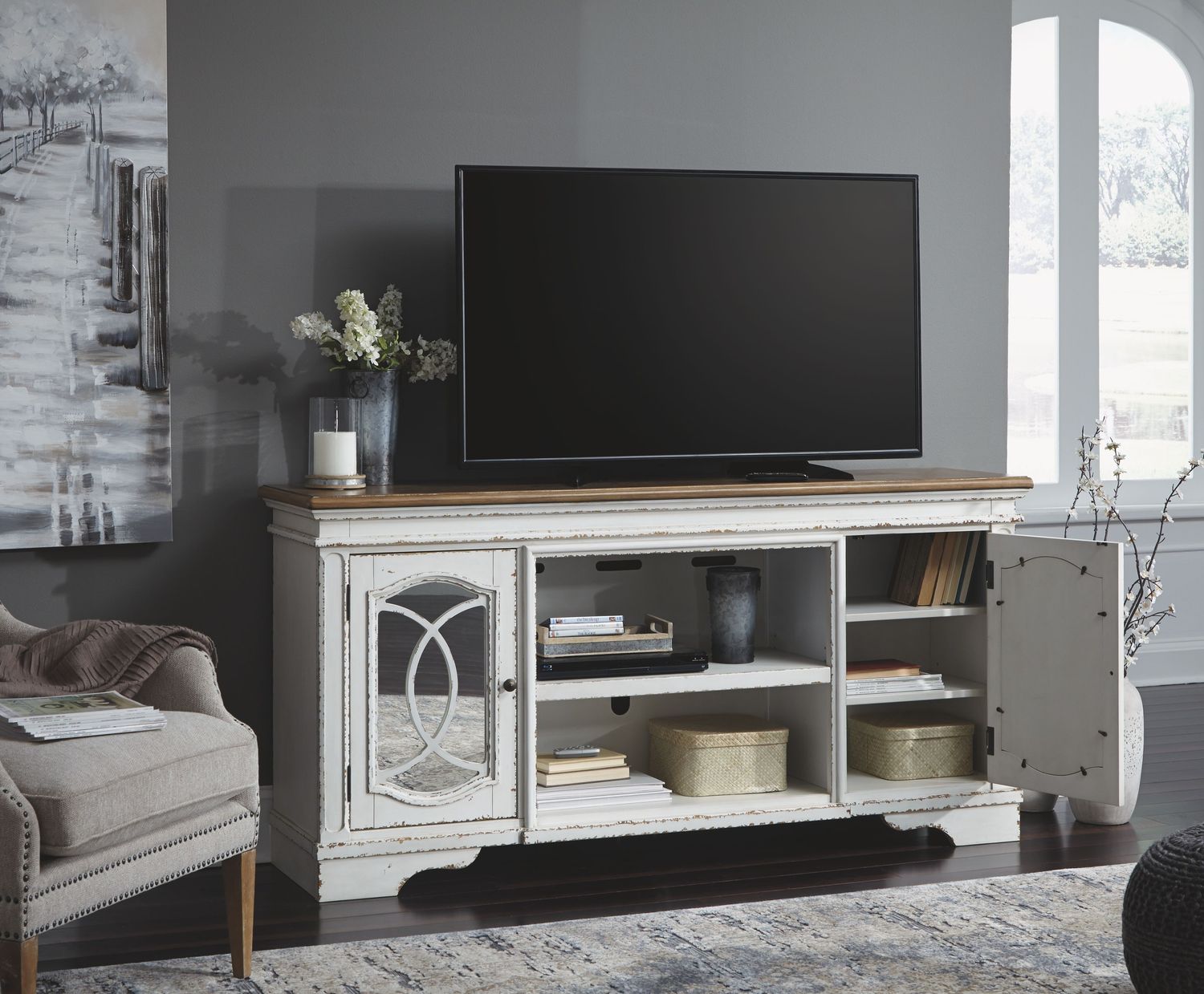 Realyn - Chipped White - 2 Pc. - 74" TV Stand With Electric Infrared Fireplace Insert