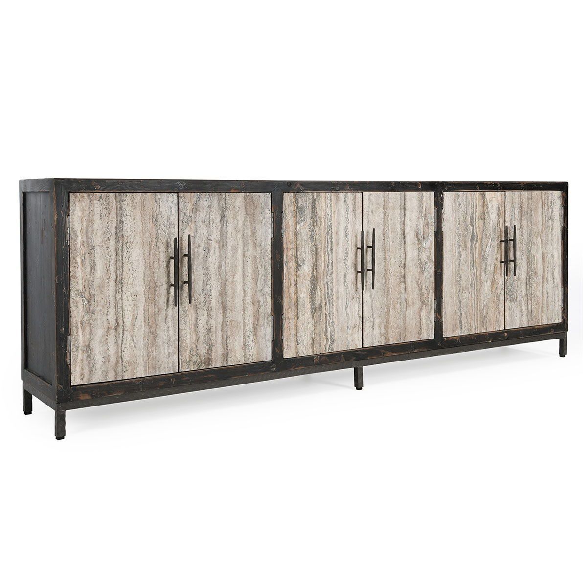 Lisbon - 6 Door Sideboard - Weathered Black/Travertine