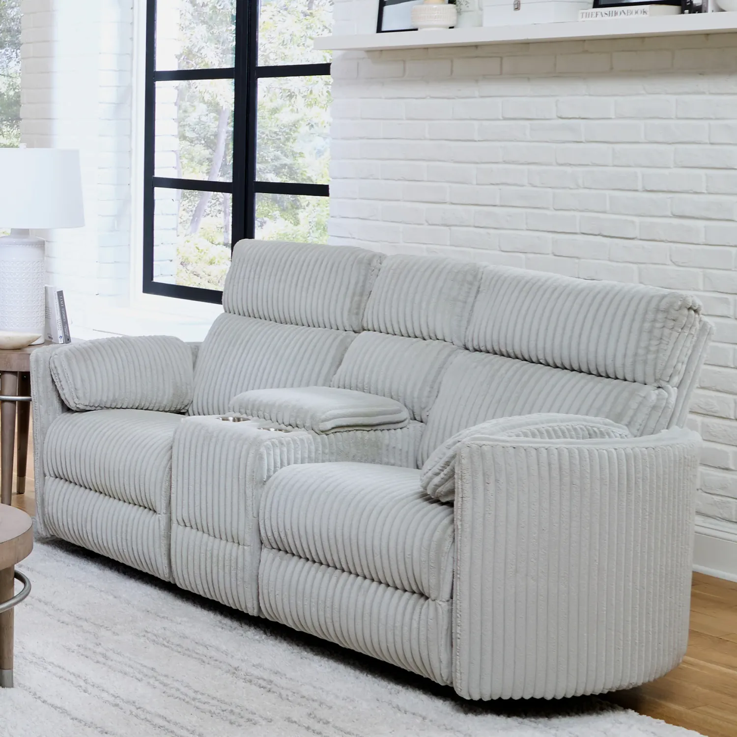 Radius - Power Glider Reclining Console Loveseat - Mega Grey