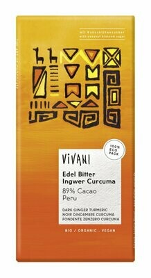 Chocolat Peru Edel Bitter 89 % Cacao mit Ingwer &amp; Curcuma - 80gr