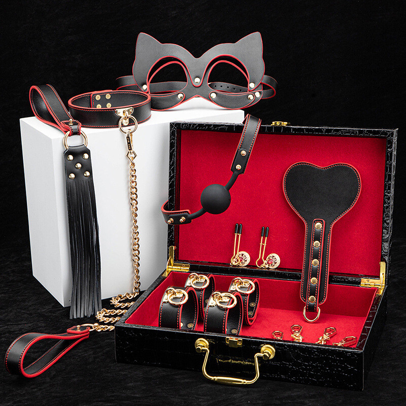 Caja de juguetes eróticos para adultos, set de 8 juegos de Fetiche BDSM, productos sexuales de Bondage, esposas de cuero PU, Collar, mordaza