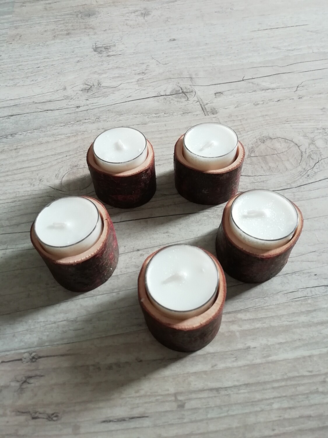 Bougeoir rondin de bois (lot de 5), bougies incluses