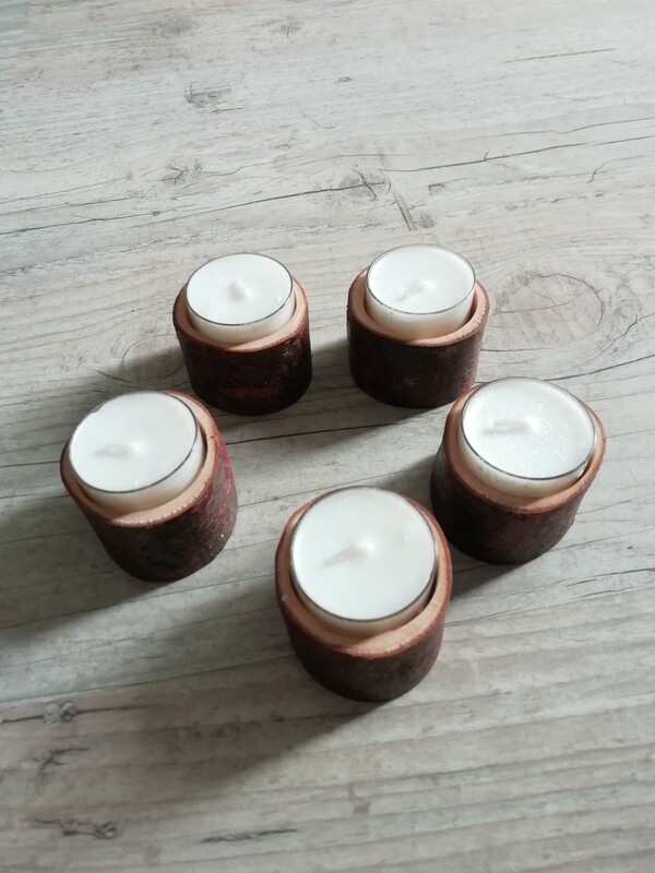 Bougeoir rondin de bois (lot de 5), bougies incluses