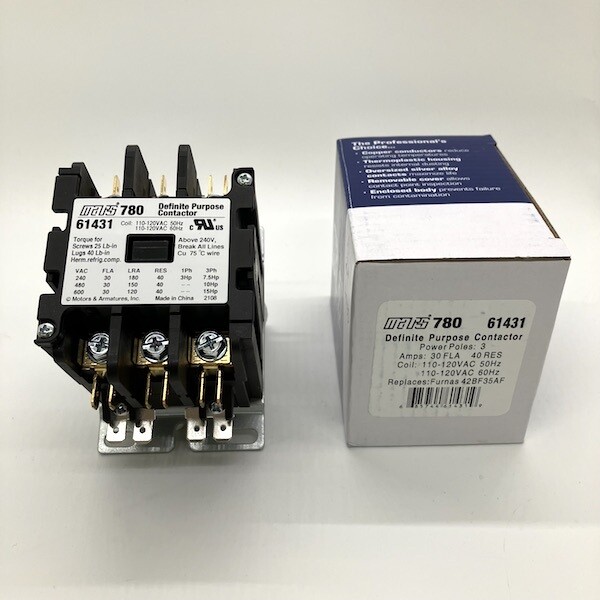 MARS Motors & Armatures 61320 Definite Purpose Contactor - 1.5P 30A 24V QC & SC Terminal