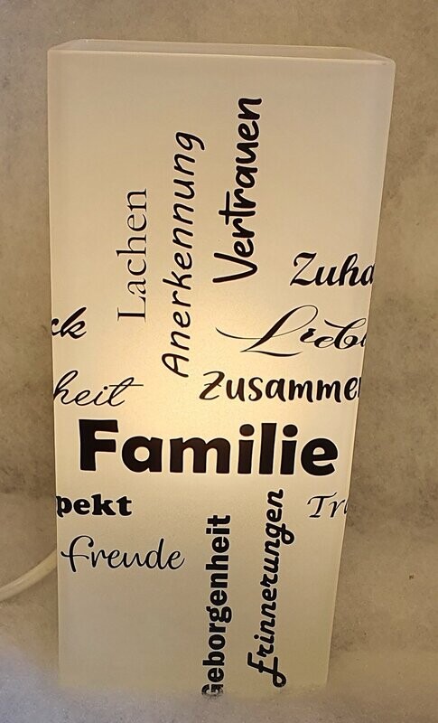 Tischlampe / Nachttischlampe aus Frostglas mit Spruch, Tischlampe / Nachttischlampe aus Frostglas mit Spruch, "Familie", handmade