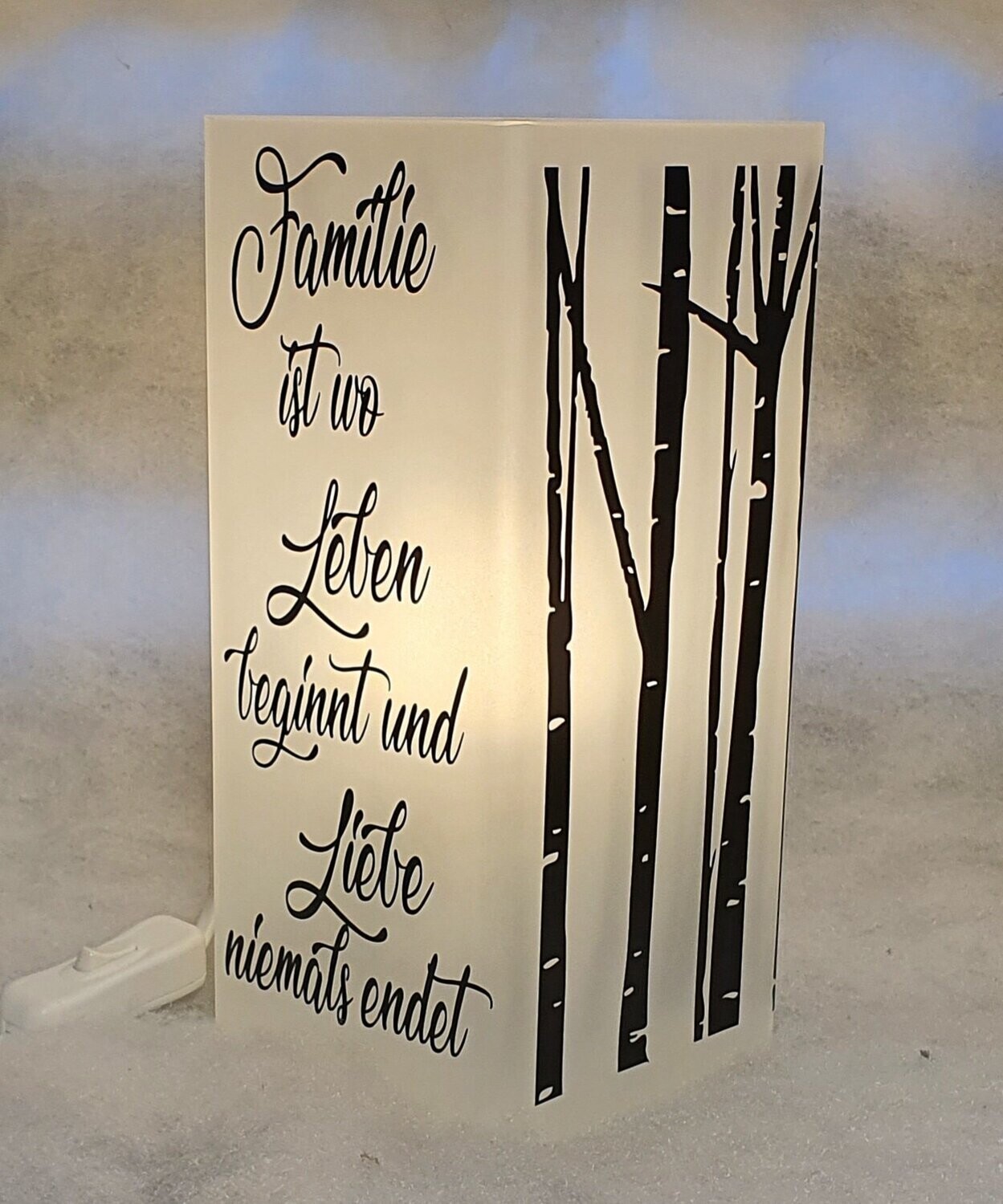 Tischlampe / Nachttischlampe aus Frostglas mit Spruch, handmade