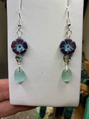 Aqua Sea Glass &amp; Czech Flower Earrings