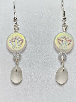 Seaham Beach White Sea Glass &amp; Czech Lotus Earrings