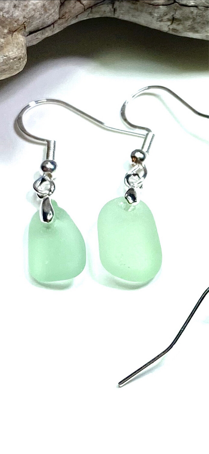 Light Green Sea Glass &amp; Sterling Silver Earrings