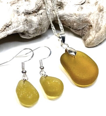 Honey Amber Sea Glass Earrings And Necklace Set