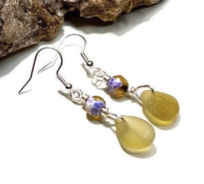 Honey Amber Sea Glass &amp; Gemstone Earrings