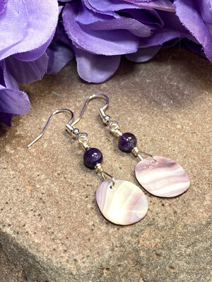 Amethyst Gemstone and Purple Wampum Shell Earrings