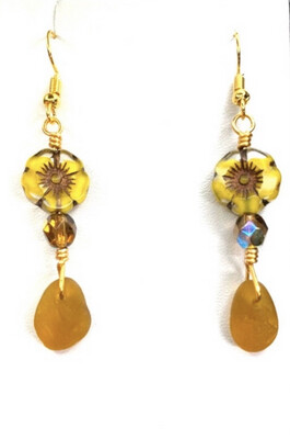 Yellow Flower Beaded Sea Glass Earrings