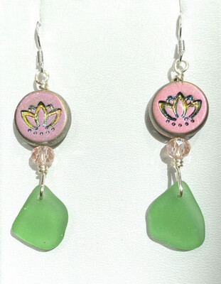 Green Sea Glass Lotus Bead Earrings