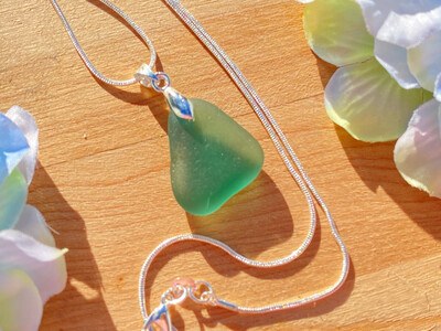 Genuine Teal Blue Sea Glass and Sterling Silver Pendant Necklace