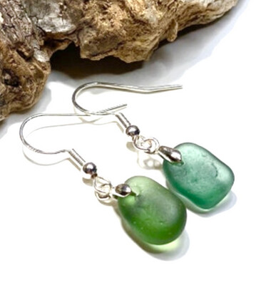 Emerald Green Sea Glass and Sterling Silver Earrings