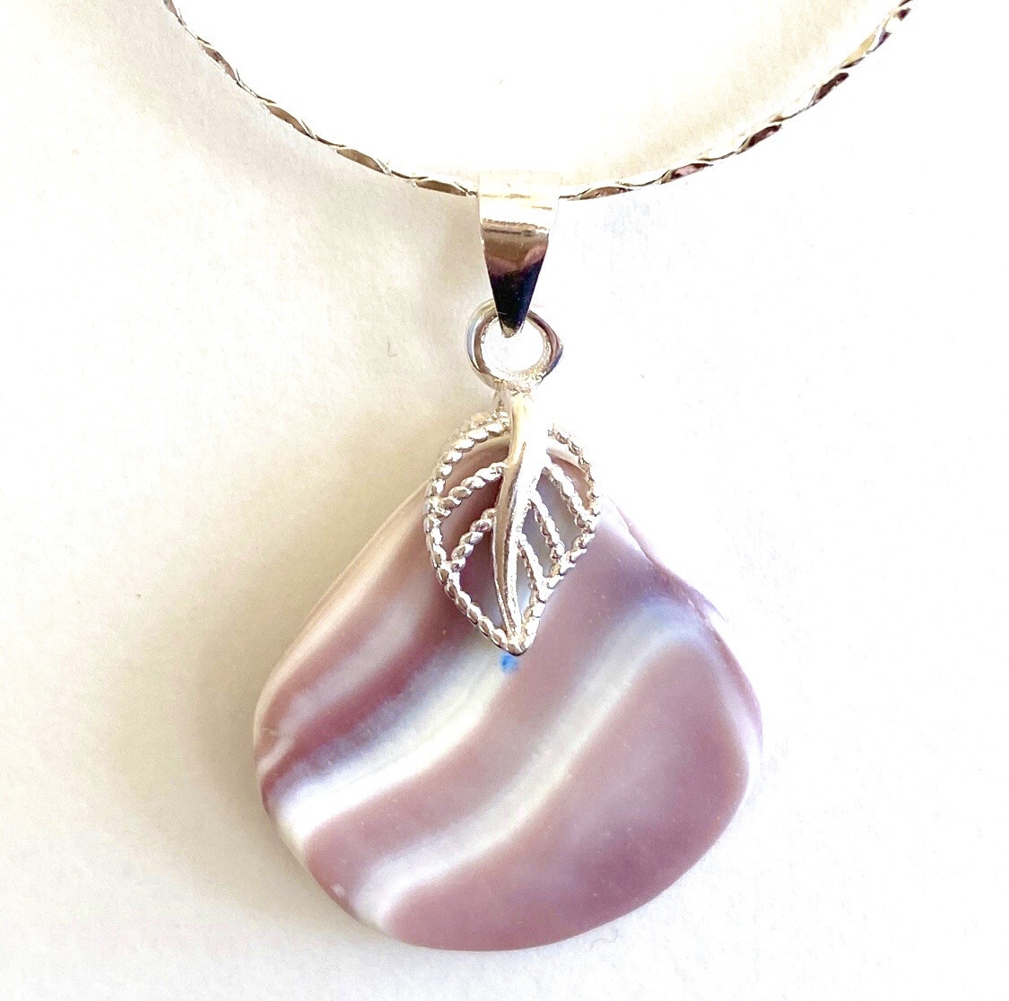 Genuine Purple Wampum Shell And Sterling Silver Leaf Necklace