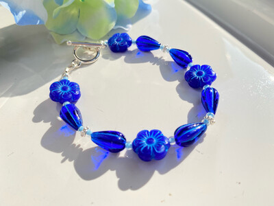 Cobalt Blue Czech Glass Flower Bead Bracelet Gift For Her